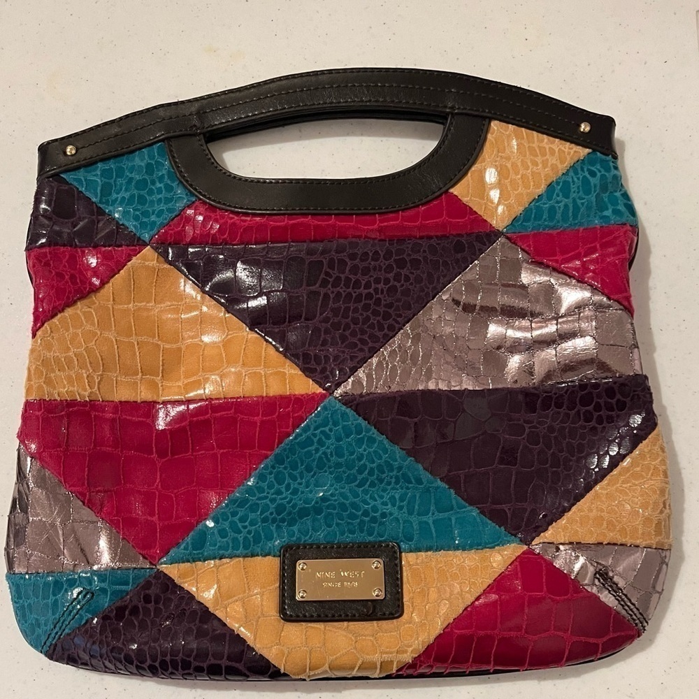 80s Style Clutch Convertible Vegan Faux Leather Colorful Patchwork Nine West - Picture 6 of 6
